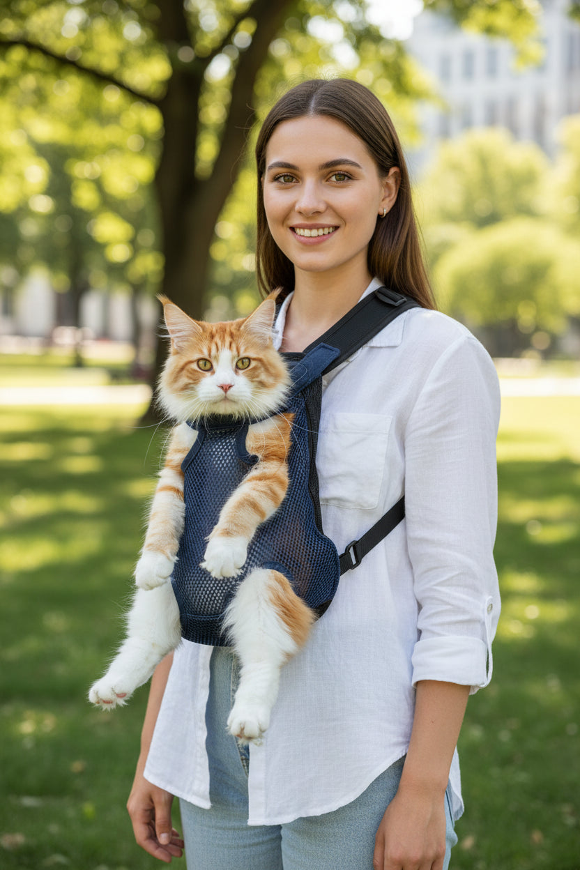 chat heureux porté devant sortie au parc