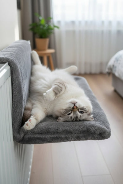 Chat blanc et gris couché sur le dos dans un hamac gris fixé au radiateur.