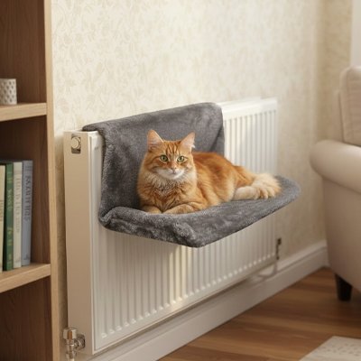 Chat dans sa niche suspendue accrochée à un radiateur