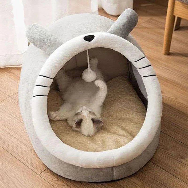 Coussin niche chat gris – tailles M et L Catkennelbasket™