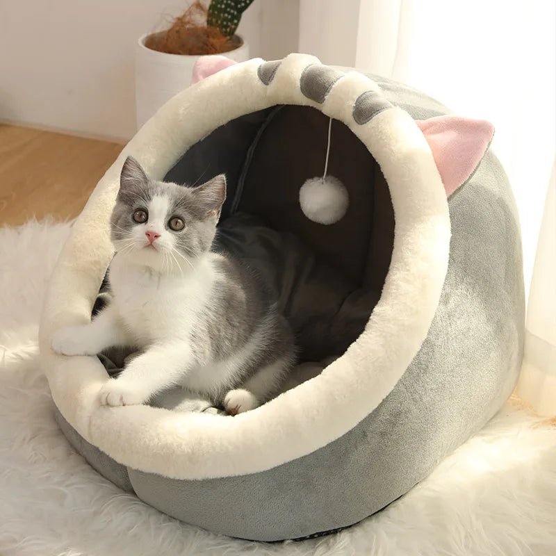Coussin niche chat gris – tailles M et L Catkennelbasket™