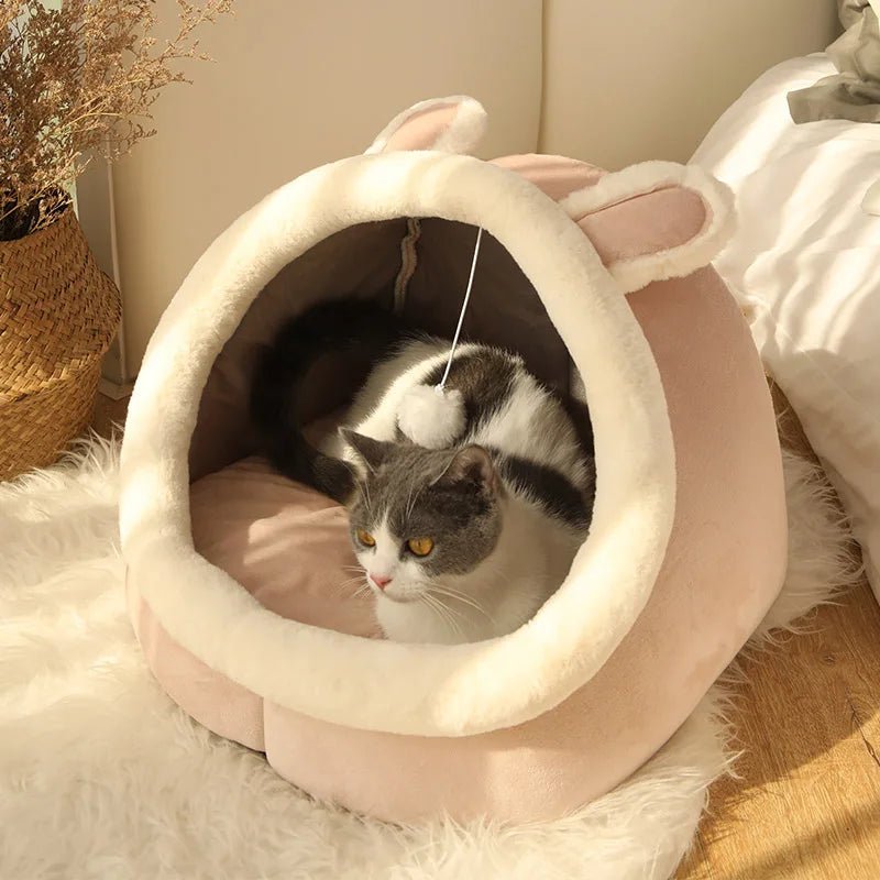 Coussin niche chat rose – tailles M et L Catkennelbasket™