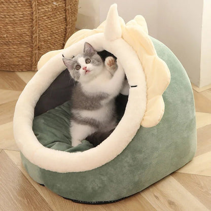 Coussin niche chat vert – tailles M et L Catkennelbasket™