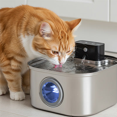 Fontaine-a-eau-Chat-assis-la-tete-pencher-boit