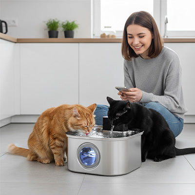 Fontaine-a-eau-Chat-boit-avec-sa-maitresse