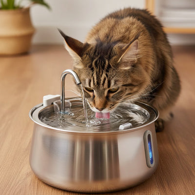 Fontaine-a-eau-Chat-assis-lape-l'eau