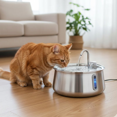 Fontaine-a-eau-Chat-assis-boit-dans-le-salon