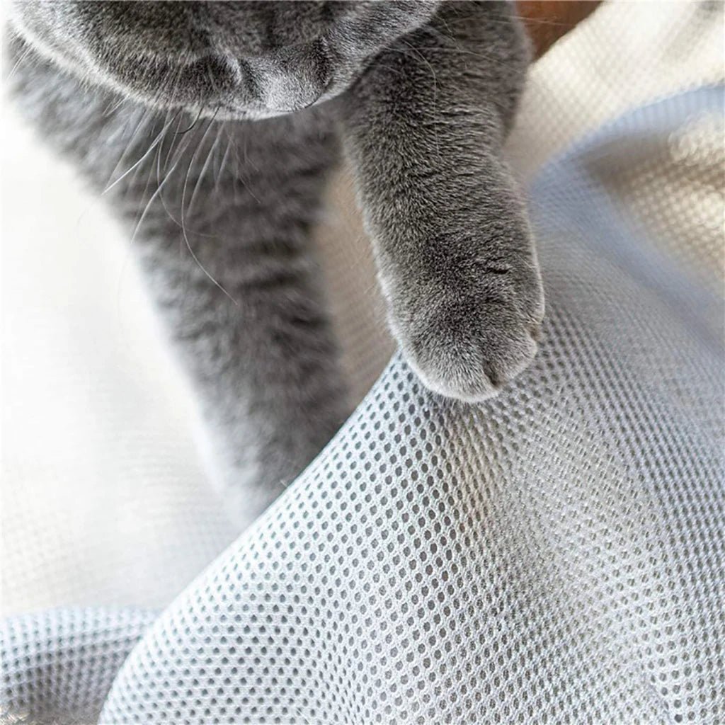 Hamac pour chat sureleve respirant avec la pate d'un chat sur le tissus du hamac