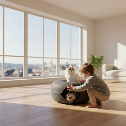 Lit pour chat forme donut deux chat un dessus et l'autre chat à nl'interieur 