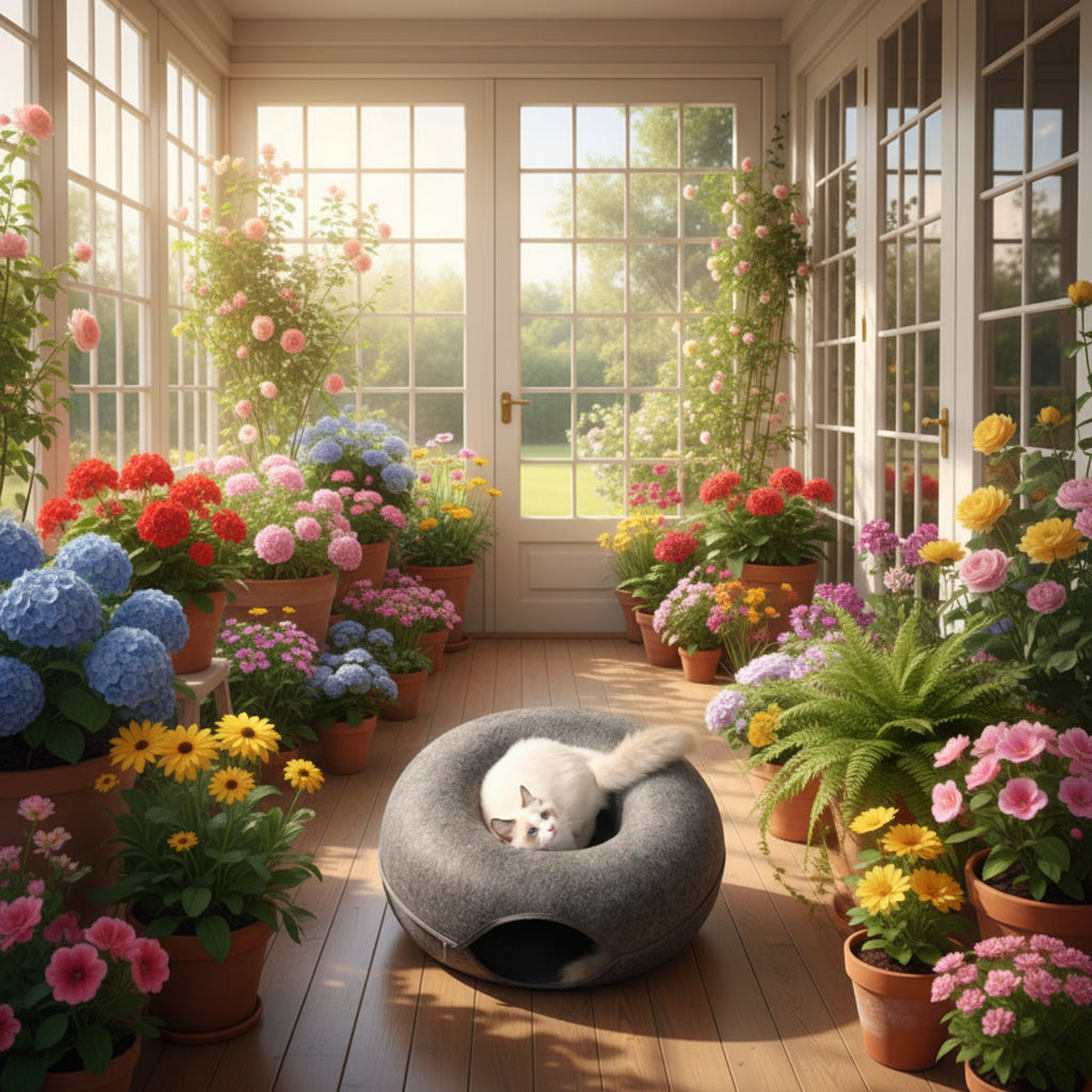 Lit pour chat forme donut vue de haut avec le chat qui regarde