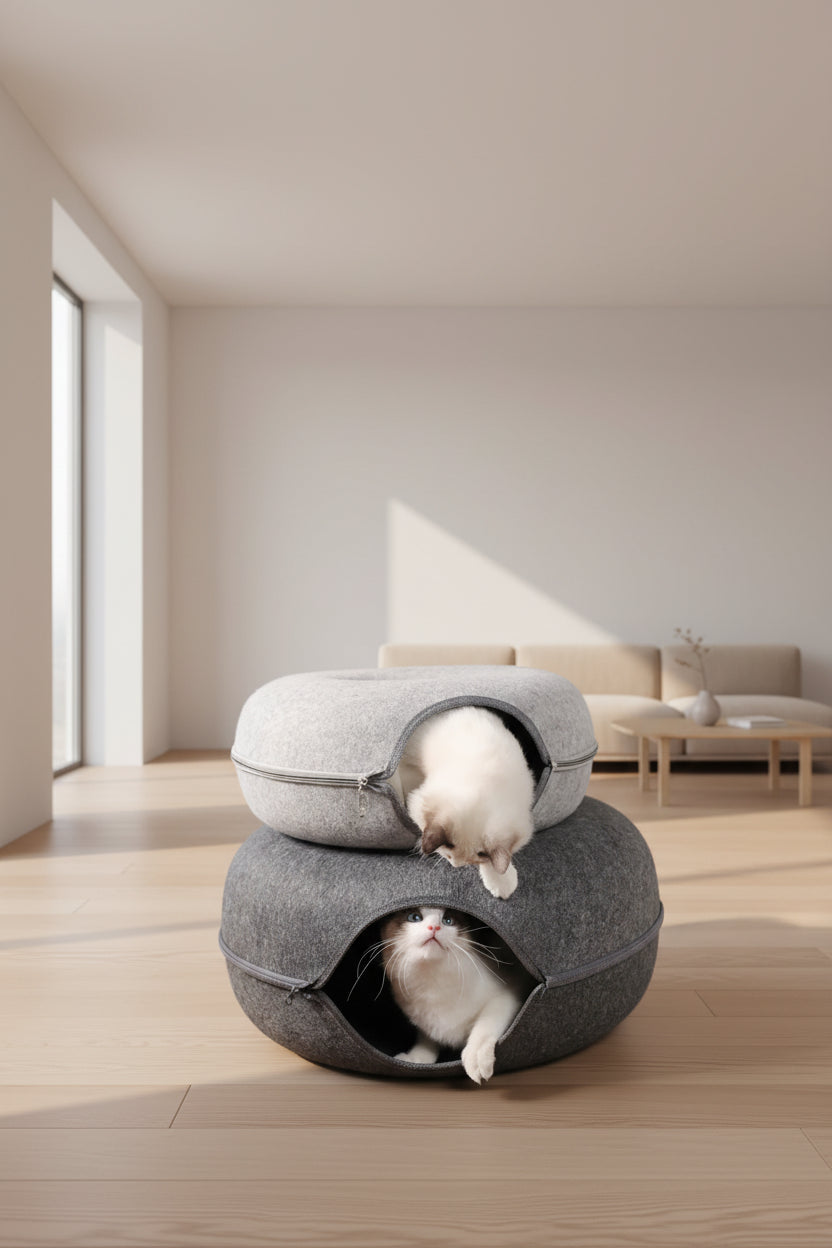 Lit pour chat forme donut deux lit pose l'un sur l'autre avec des chat qui se ragarde