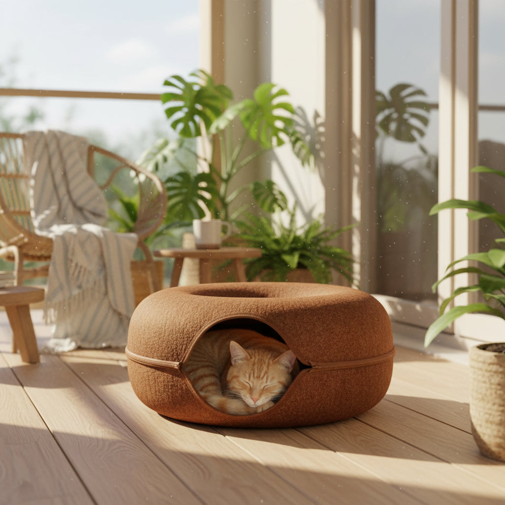 Lit pour chat forme donut avec chat coucher dedans sous la veranda