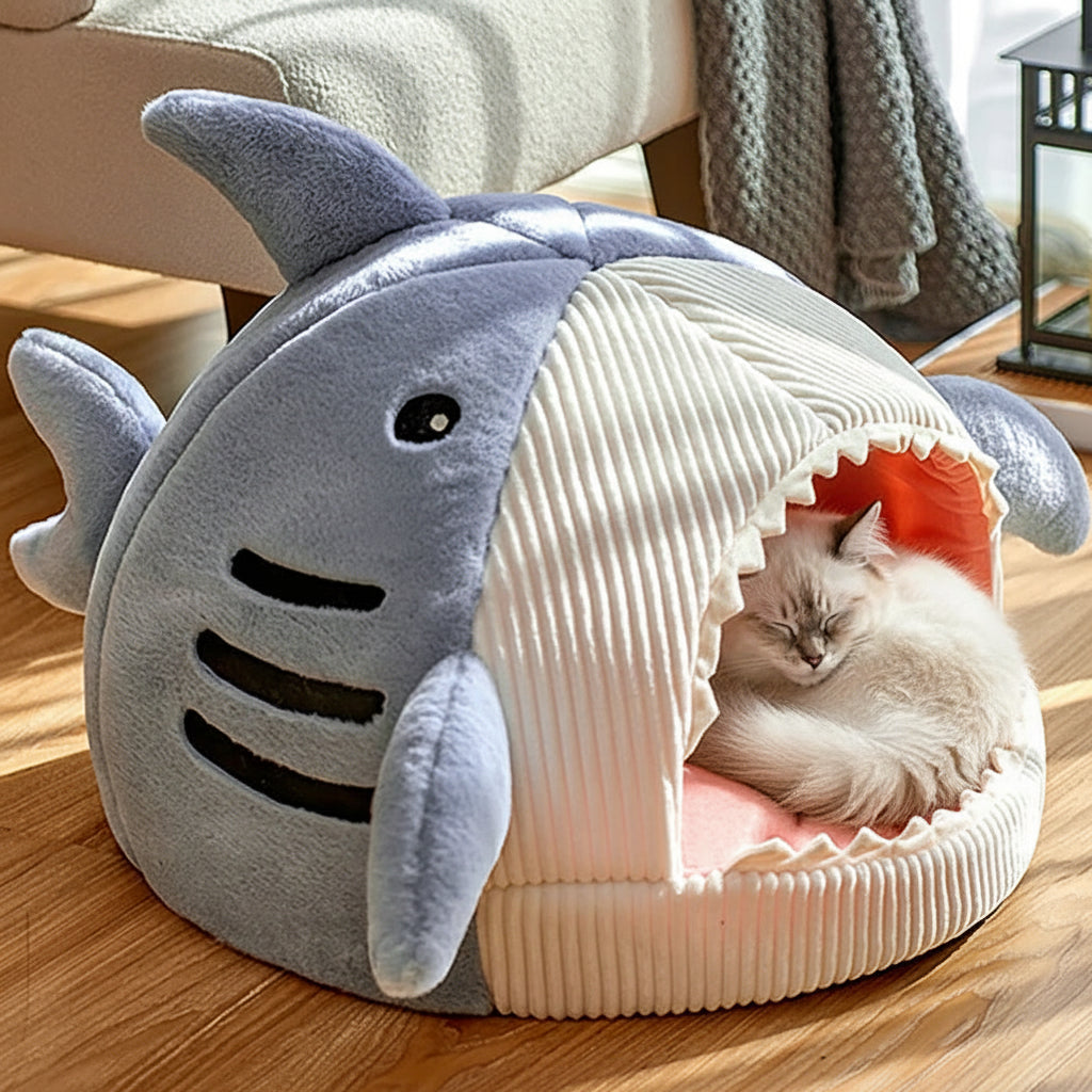 chat coucher dans la niche pour chat requin qui regarde