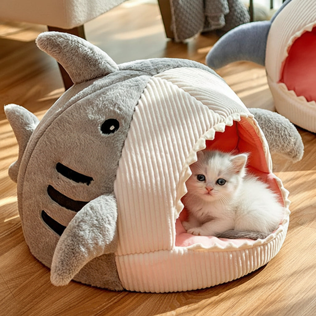 chaton coucher dans la niche pour chat requin