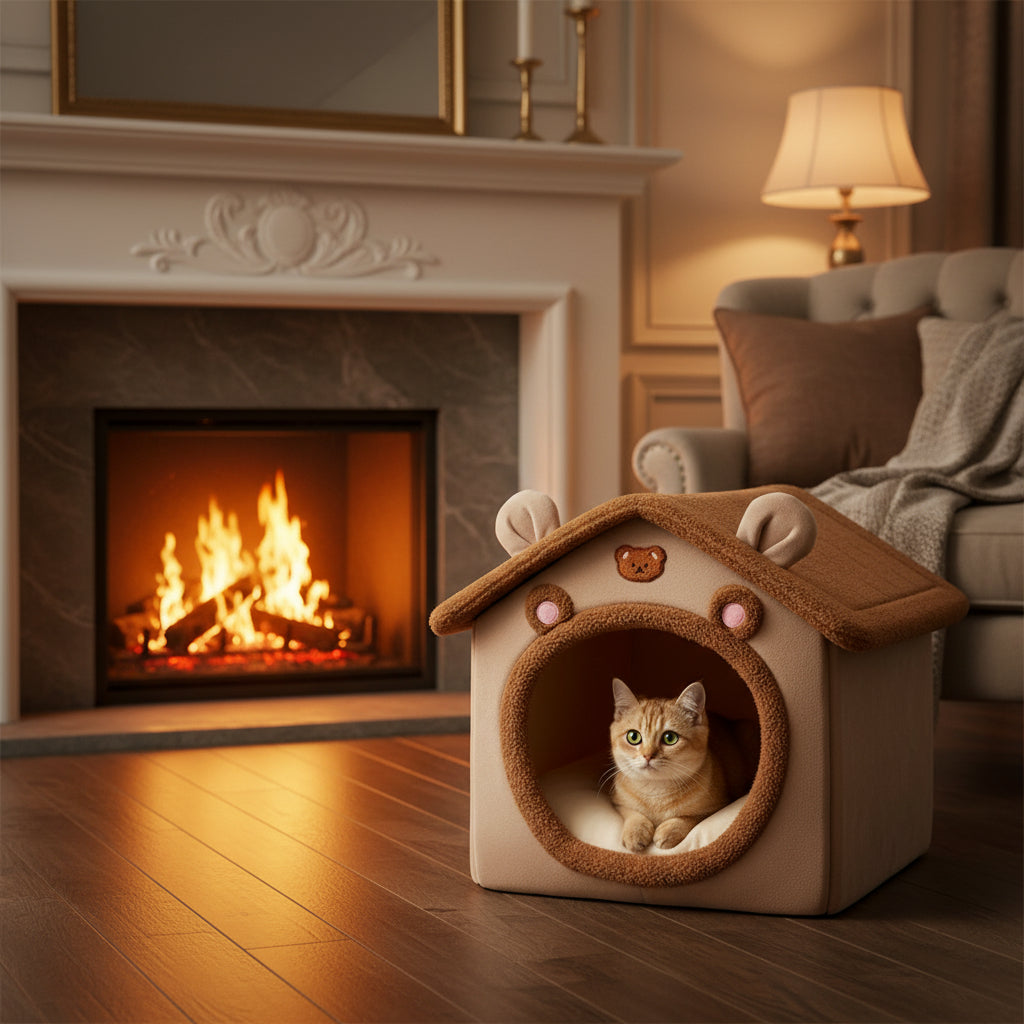 Niche pour chat maison douillette avec un chaton