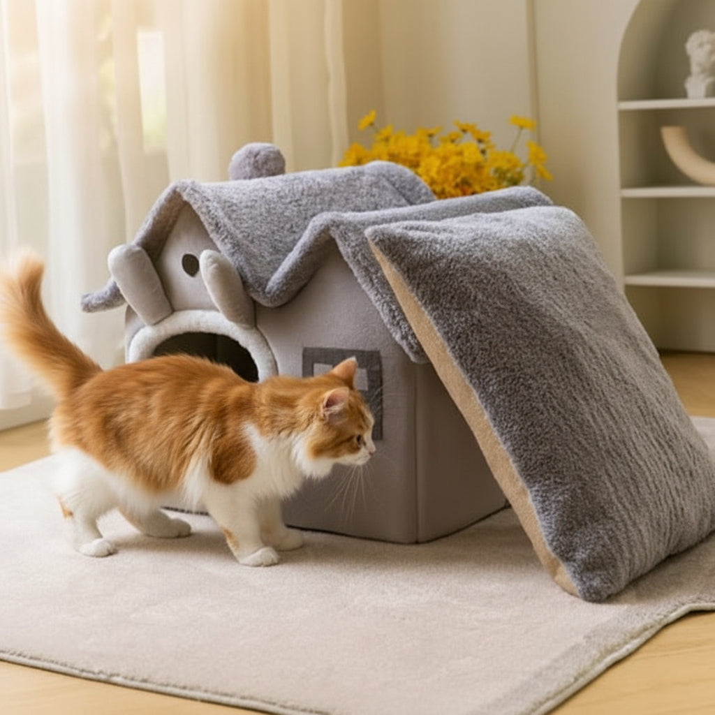 Niche pour chat maison douillette pliable poser dans le salon avec un chat qui decouvre
