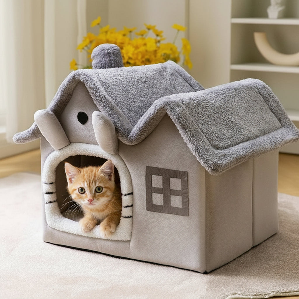 Niche pour chat maison douillette pliable avec chaton qui sort la tete
