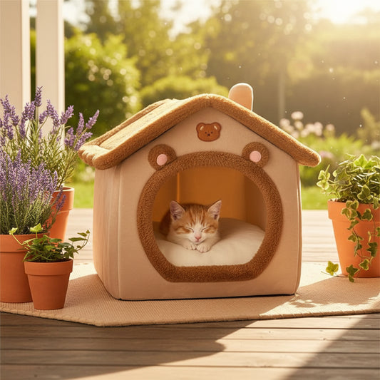 Niche pour chat maison douillette sur la veranda avec un chaton