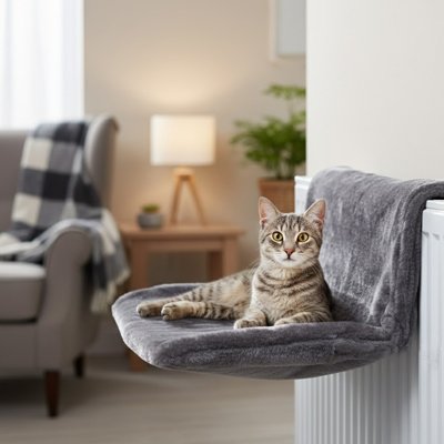Chat utilisant sa niche suspendue en hauteur