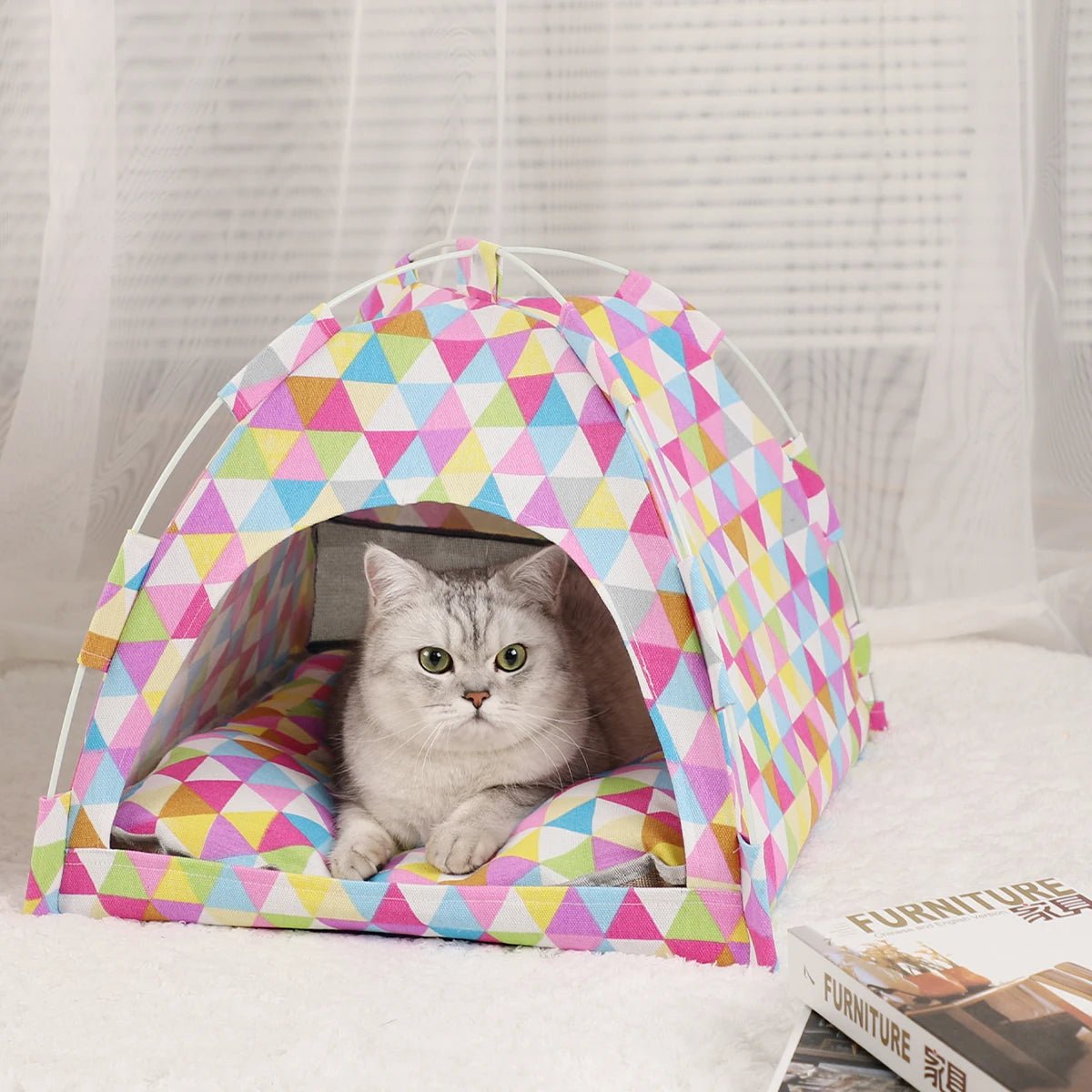 Niche pour chat tente pliable avec triangle de couleur avec un chat couche