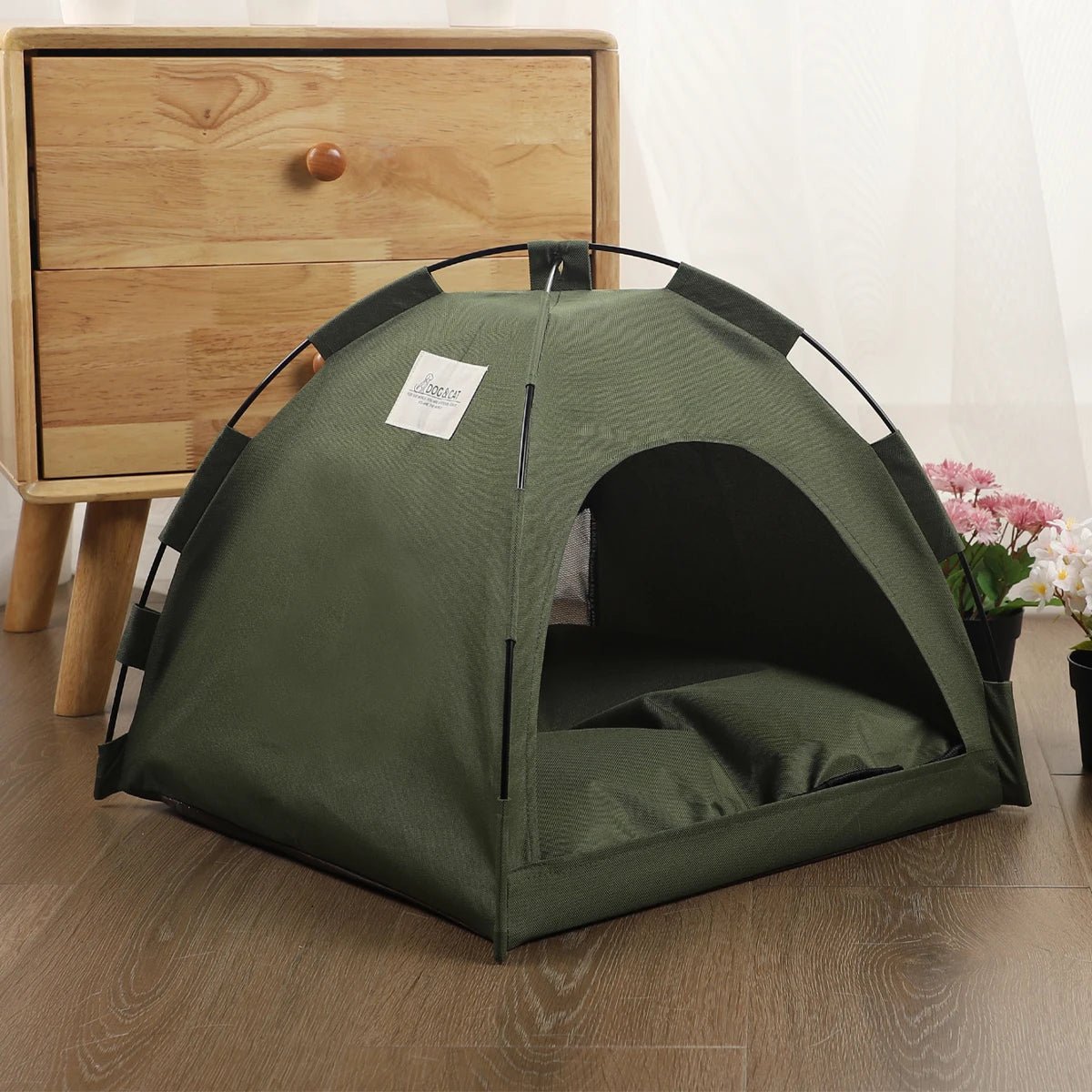 Niche pour chat tente pliable vert vide expose dans le salon