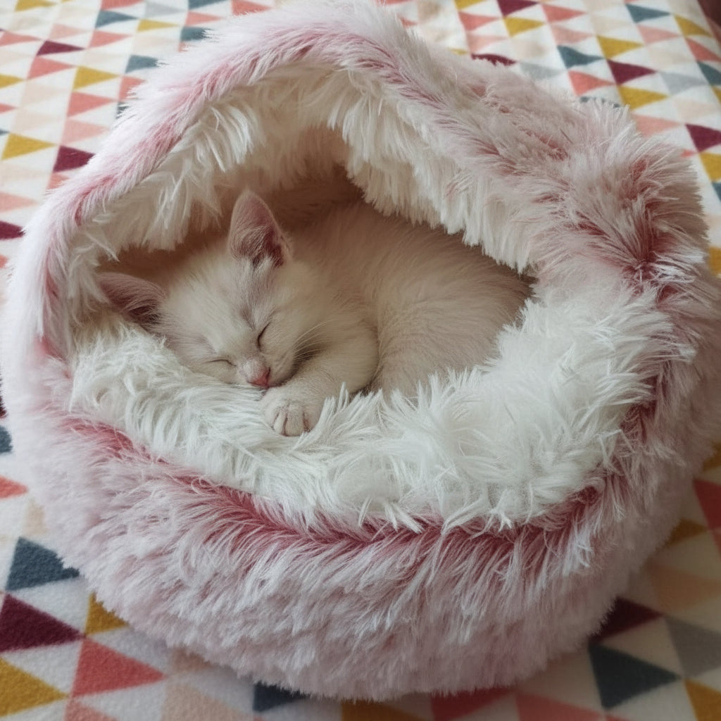 Niche pour chat ultra moelleux rose poser sur une couverture avec triangles de couleurs avec un chaton blanc