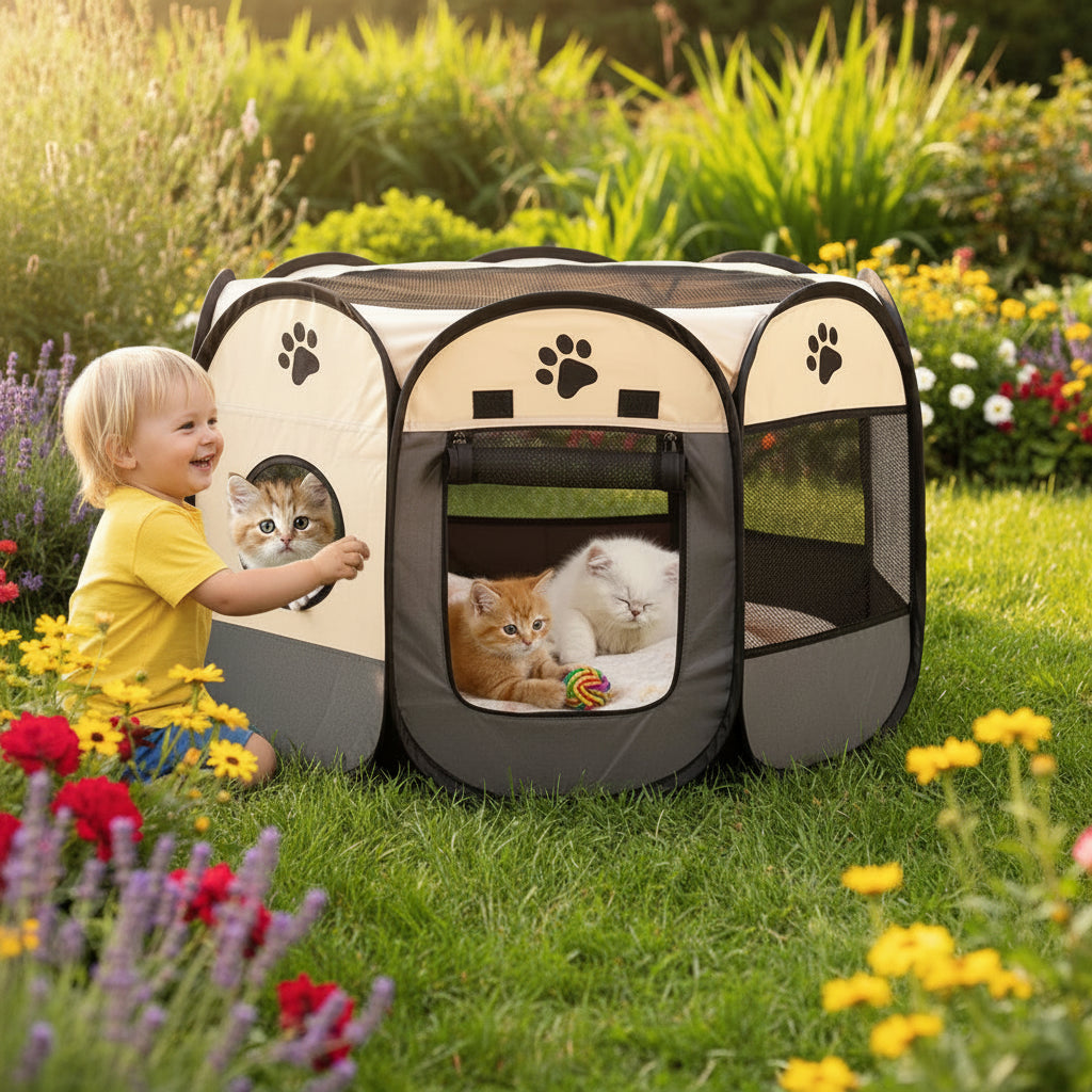 Parc pour chat grand espace dans le jardin avec les chatons
