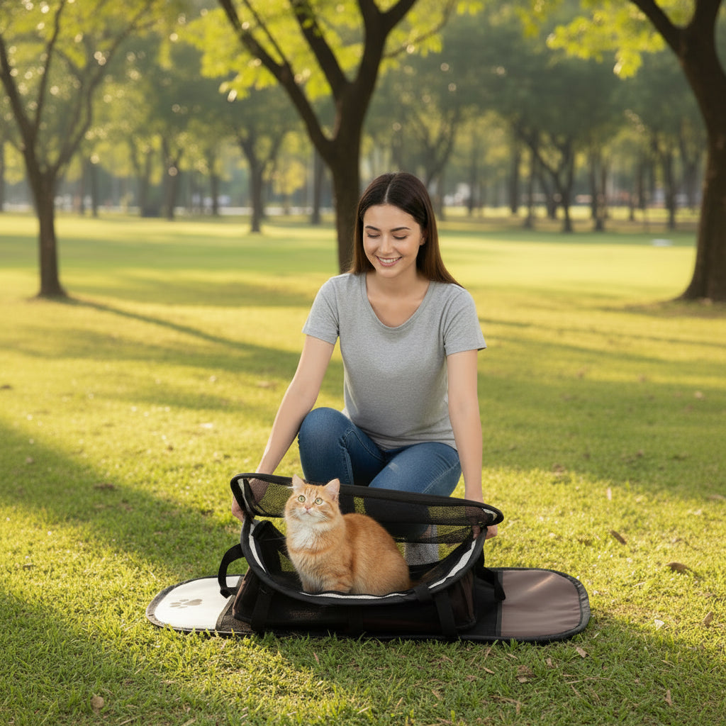 Parc pour chat grand espace une dame dans le parc qui le deplie