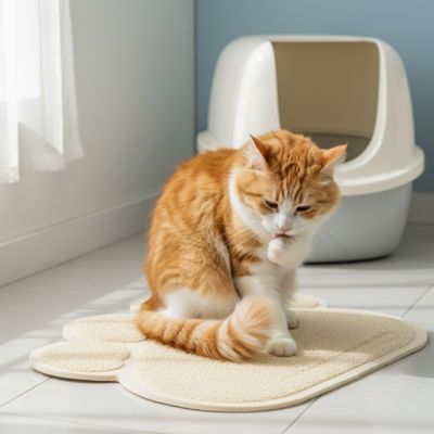 Chat assis sur le tapis litière beige CleanPaws