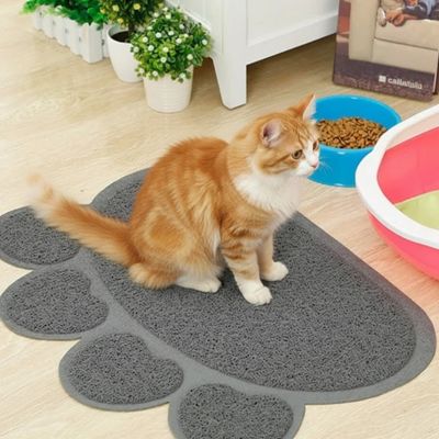 Chat assis sur le tapis litière gris CleanPaws
