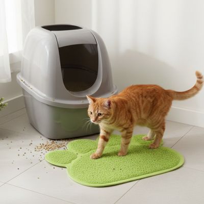 Chat debout sur le tapis vert litière CleanPaws
