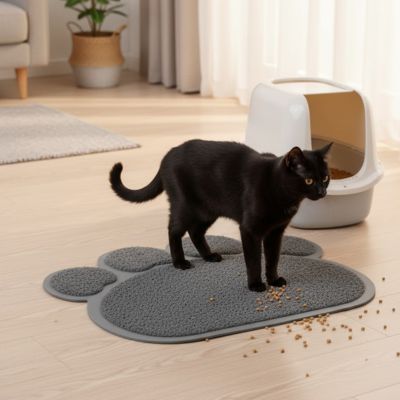 Chat noir 
debout sur le tapis litière CleanPaws dans le salon