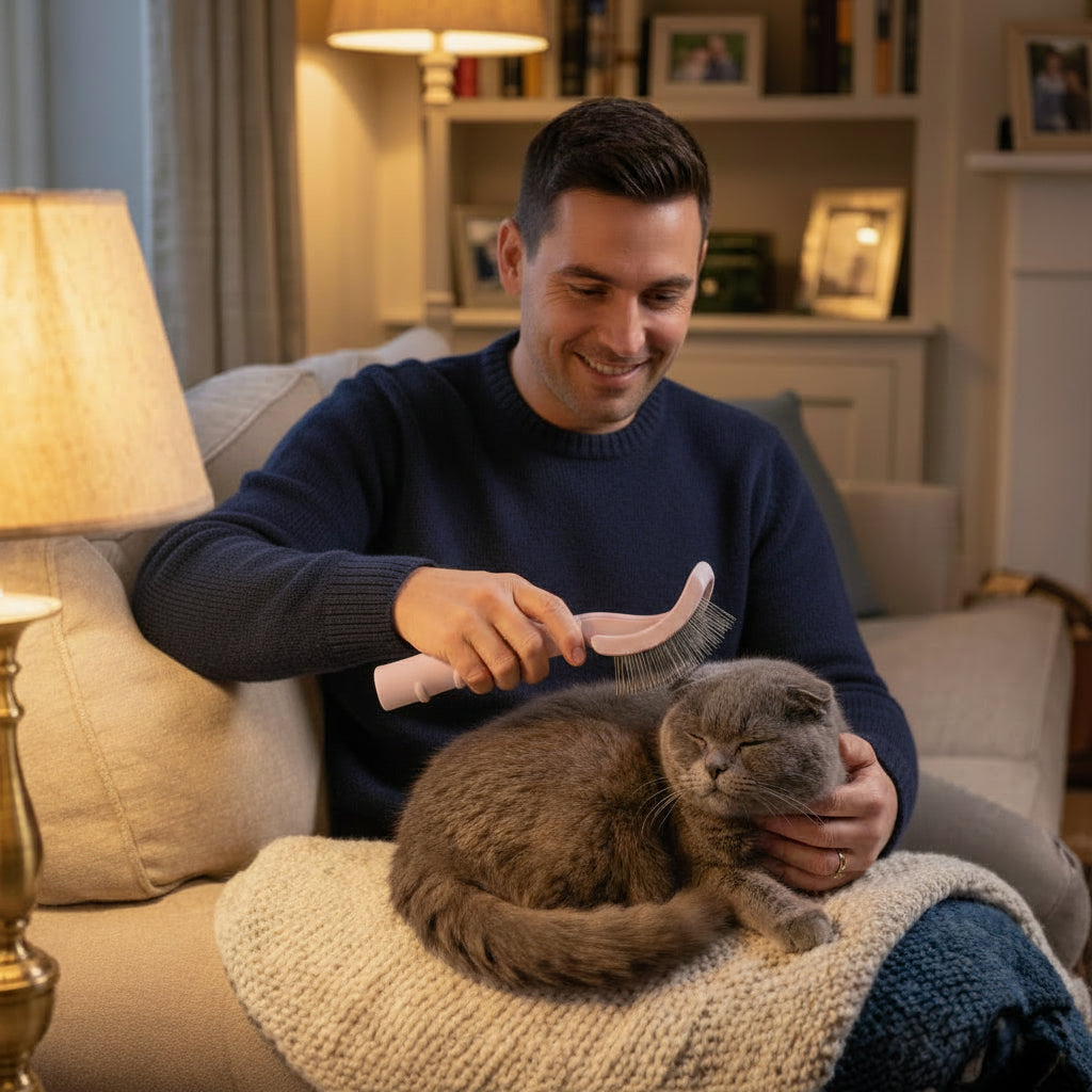 Brosse-chat-poil-long​-chat-sur-sa-maitresse