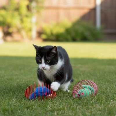Chat-jouet-joue-dans-le-jardin 