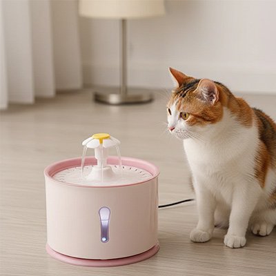 Fontaine-a-eau-Chat-assis-devant-dans-le-salon