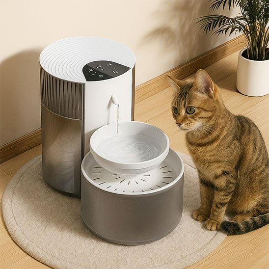 Fontaine-a-eau-chat-assis-devant