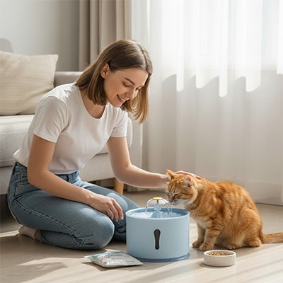 Fontaine-a-eau-Chat-boit-sa-maitresse-le-caresse