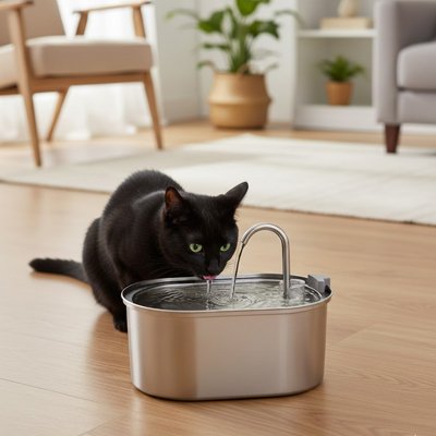 Fontaine-a-eau-Chat-noir-boit