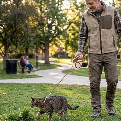 Laisse-Chat-tenue-en-laisse-dehors 