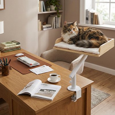 Lit-pour-Chat-accroche-au-bureau-avec-le-chat