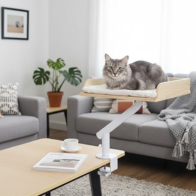 Lit-pour-Chat-avec-le-chat-accrocher-a-la-table-salon