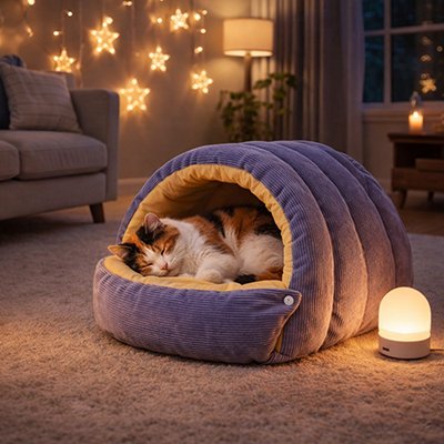 Lit-pour-Chat-dort-dans-une-nuit-illuminer