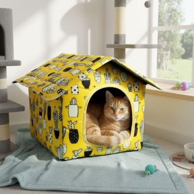 Maison-pour-chat-avec-chat-coucher-maison-jaune