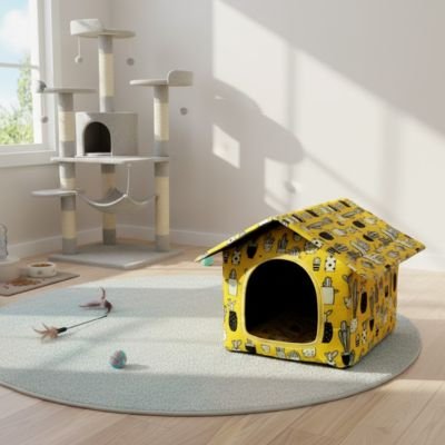 Maison-pour-chat-dans-le-salon-sans-le-chat