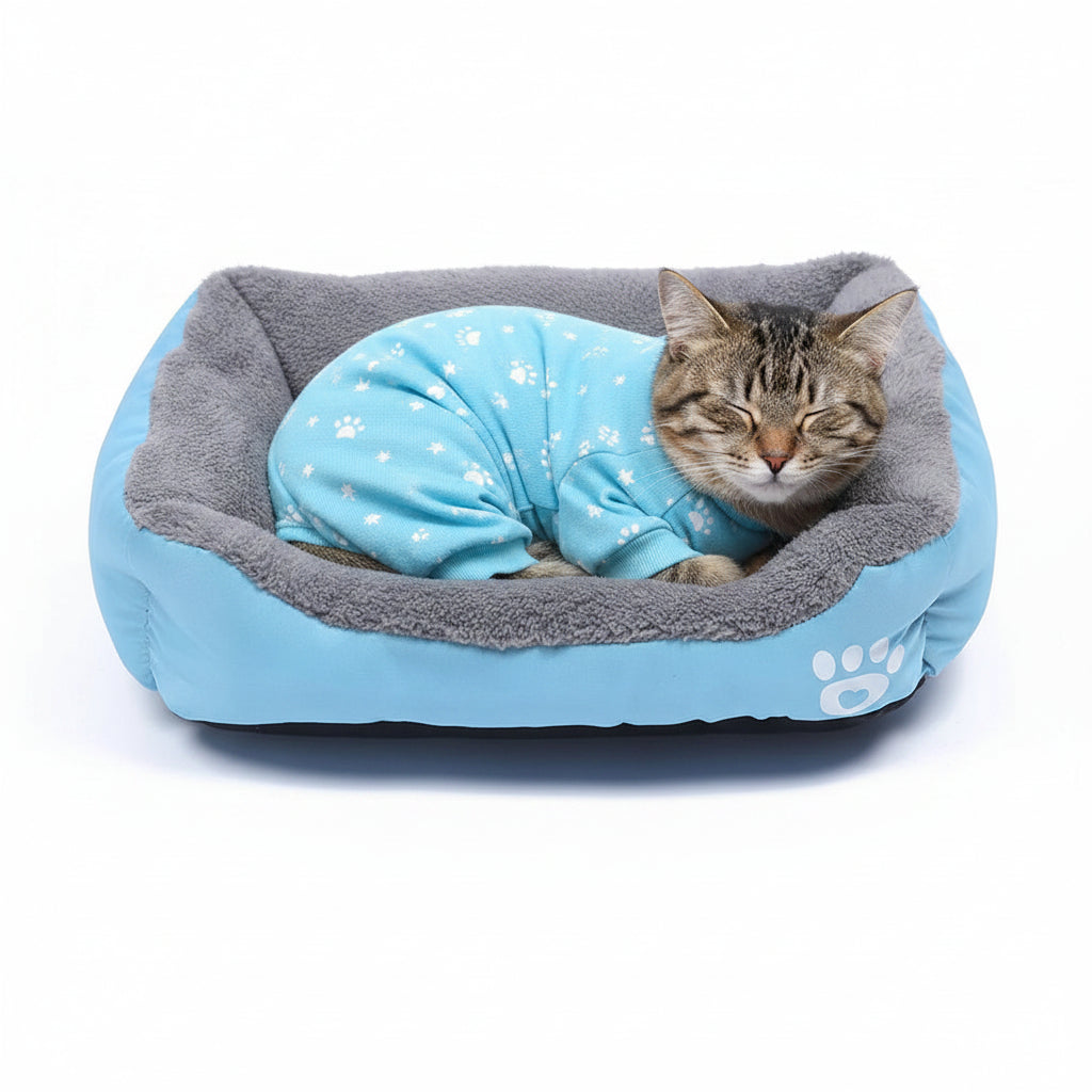 niche pour chat avec un chat qui dort en tenue bleu