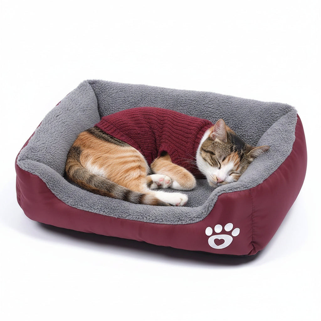 niche pour chat reversible avec un chat qui dort avec une tenu bordeau